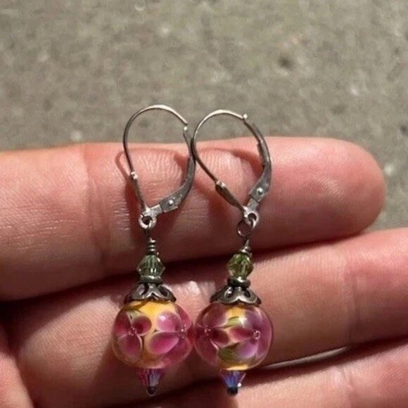 Vintage Sterling Silver Dangle Floral Beaded Pink Multicolor Flower Earrings - Picture 2 of 10
